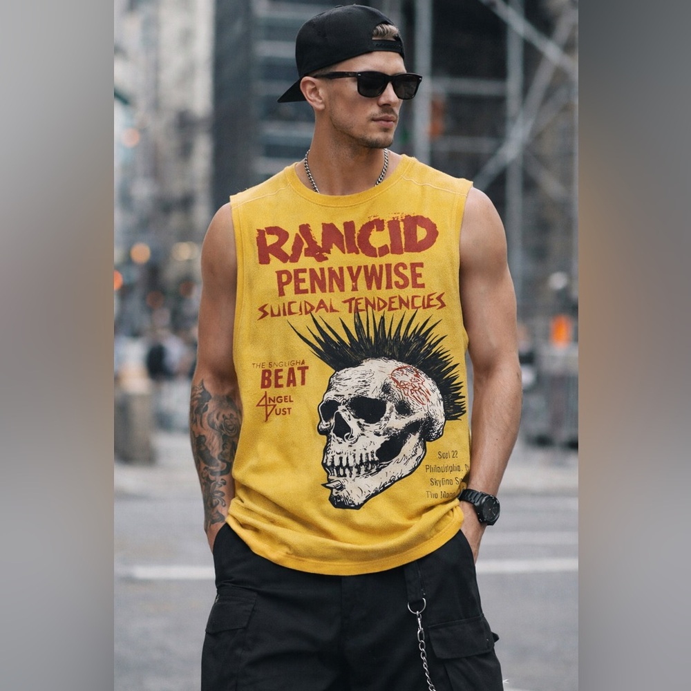 Rancid Pennywise Punk Skull Graphic Tank Top Men’s M Yellow Streetwear Tee